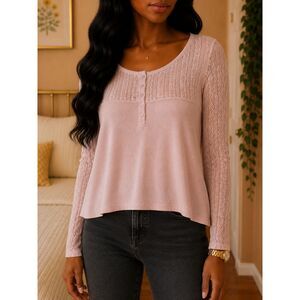 H&M Women Size M Soft Blush Pink Lace Yoke Henley Top Romantic Coquette Pullover